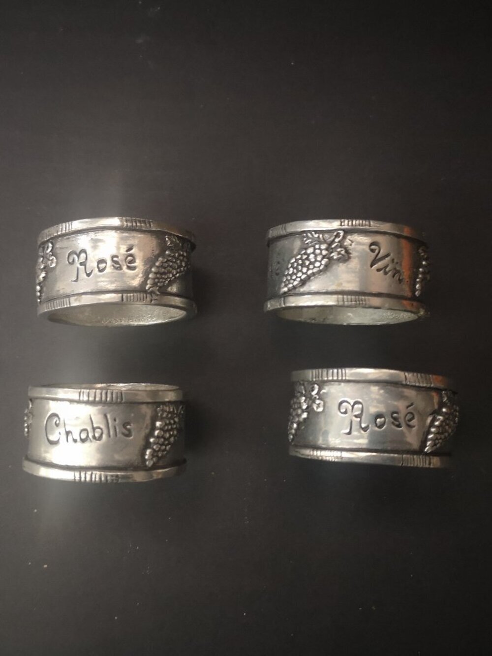 Basic Spirit Set of 4 Pewter Napkin Rings Collectable Wine Theme